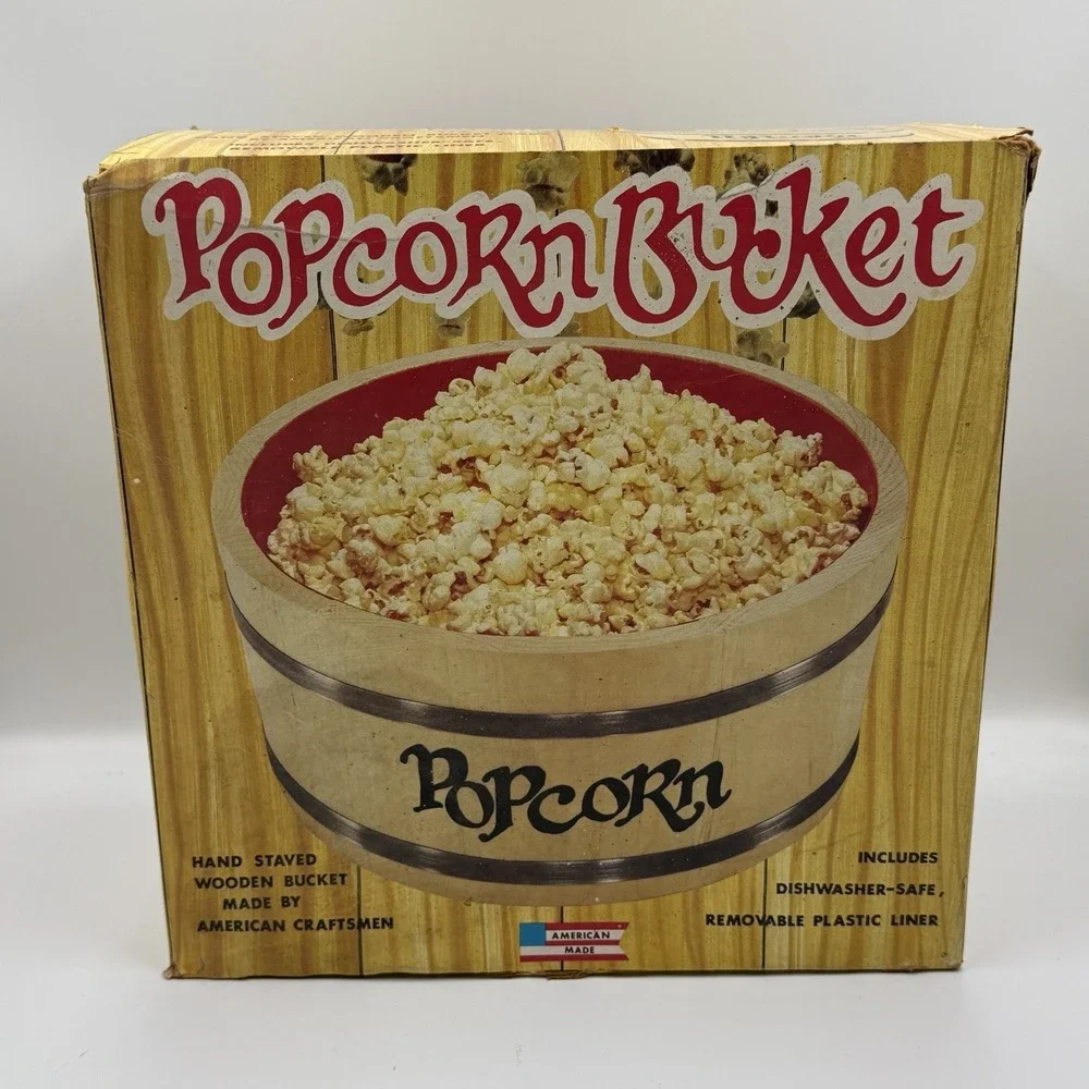 Vintage Wooden Popcorn Bucket Spaulding Frost Co WITH BOX Plastic Liner
